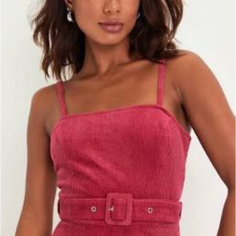 Berry Pink Corduroy Belted Wide-Leg Jumpsuit